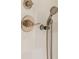 Close-up of shower fixtures featuring a modern, handheld sprayer and sleek brushed bronze finish against neutral tile at 743 Hills St, Mount Pleasant, SC 29464