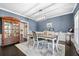 Formal dining room with dark wood floors, blue walls, and a modern light fixture at 105 Birkbeck Ct, Goose Creek, SC 29445