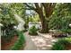 Lush backyard with mature trees, a dining area, and a gravel pathway, creating a serene outdoor setting at 509 Klein St, Mount Pleasant, SC 29464