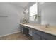 Well-lit bathroom featuring a vanity with a neutral countertop, a large mirror, and lovely decorative plants by the window at 1493 Little Rock Blvd, Charleston, SC 29412