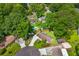 Aerial view of landscaped home with long driveway, backyard shed, and above ground pool at 1990 Butternut St, Charleston, SC 29414