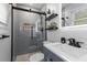 Modern bathroom with stylish vanity, open shelves, and glass-enclosed shower at 1990 Butternut St, Charleston, SC 29414