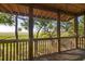 Enclosed wooden porch offering scenic waterfront views through large, screened openings at 226 Old House Ln, Dewees Island, SC 29451