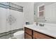 Bathroom with vanity, toilet, and shower featuring a decorative shower curtain and modern sink at 354 Beachgrass Ln, Summerville, SC 29486