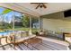 A screened-in patio with comfortable seating, a ceiling fan, and a clear view of the backyard and pool at 404 Topcrest Ln, Moncks Corner, SC 29461