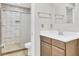 Modern bathroom with stylish tile, walk-in shower, and wood-look flooring at 703 Temple Rd # A, Ladson, SC 29456