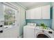 Laundry room with washer, dryer, utility sink, cabinets, and a backyard access door at 8 Tovey Rd, Charleston, SC 29407