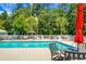 Inviting community pool with lounge chairs, shade umbrellas, and mature trees creating a serene atmosphere at 8800 Dorchester Rd # 2004, North Charleston, SC 29420