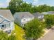 Aerial view of a charming home with a covered patio, lush greenery, and neighborhood street at 135 Gaslight Blvd, Summerville, SC 29483