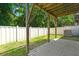 View of a covered patio with wooden supports and white fence overlooking the greenery at 190 Darcy Ave, Goose Creek, SC 29445