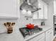 Close-up of a gourmet kitchen featuring a stainless steel range hood, pot filler, and marble countertops at 2226 Arthur Rose Ln, Johns Island, SC 29455