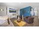 Cozy living room features a vibrant blue accent wall, hardwood floors, and comfortable seating at 225 N Light Way, Summerville, SC 29486