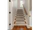 Staircase with wooden railings and plush carpeting leading to the upper level at 316 Bridgetown Pass, Mount Pleasant, SC 29464