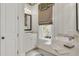 Well-lit bathroom with white cabinetry, elegant mirror, and a window with decorative window treatment at 401 Ralston Creek St, Charleston, SC 29492
