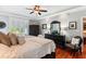 Cozy main bedroom featuring hardwood floors, a tray ceiling, and tasteful decor at 5394 Clairmont Ln, North Charleston, SC 29420