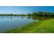 Tranquil pond surrounded by lush greenery, with a dock and distant buildings adding to the scenic view at 6976 Pumpkinseed Dr, Johns Island, SC 29455