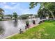 Picturesque view of the lake from the wooden dock with lush greenery at 721 Lake Frances Dr, Charleston, SC 29412