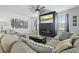 Comfortable living room showcasing a large gray sectional, modern fireplace, large screen TV and stylish decor elements at 120 Haverhill St, Summerville, SC 29486