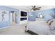 Bright main bedroom with blue walls featuring fireplace with TV, lots of natural light, and modern decor at 120 Haverhill St, Summerville, SC 29486