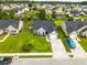 Wide aerial shot showcasing a home and neighborhood with green lawns and mature trees at 137 Salem Creek Dr, Goose Creek, SC 29445