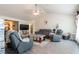 Cozy living room features vaulted ceilings, ceiling fan, and modern gray furnishings at 137 Salem Creek Dr, Goose Creek, SC 29445