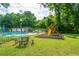Community pool and playground near the bathhouse with lush landscaping and picnic table at 2847 Limestone Blvd, Charleston, SC 29414
