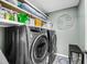 Modern laundry room with side-by-side gray washer and dryer, and shelving for organized storage solutions at 331 Saddlewood Dr, Charleston, SC 29414
