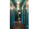 Hallway with teal colored walls, decorative doors, and a view into the bathroom at 5010 Converse St, North Charleston, SC 29405