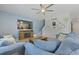 Inviting living room with a ceiling fan, television, fireplace, and comfortable blue couches at 505 Spanish Wells Road Rd, Summerville, SC 29486
