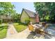 Outdoor patio with a dining set, umbrella, and lush greenery, great for entertaining at 5302 Helene Dr, North Charleston, SC 29418