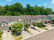 Aerial view showcases colorful townhomes with well-manicured lawns and abundant trees, emphasizing the tranquil neighborhood setting at 854 Bibury Ct, Charleston, SC 29414