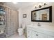 Clean bathroom featuring a modern vanity, patterned shower curtain, and storage shelves at 171 Queen St, Charleston, SC 29401