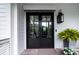 Elegant black double front door with transom window and lantern at 31 Seagrass Ln, Isle of Palms, SC 29451