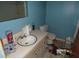 Bathroom with blue walls, standard toilet, sink, and mirror at 403 Bryan St, Summerville, SC 29483