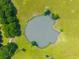 Aerial view of a serene pond surrounded by lush greenery and mature trees at 1133 Highway 311, Cross, SC 29436