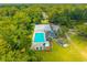 Aerial view shows pool, tennis courts and landscaping amidst a lush landscape with mature trees and greenery at 2005 Thornhill Dr, Summerville, SC 29485