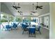 Comfortable poolside lounge area with ceiling fans, tables, and chairs, perfect for relaxation and social gatherings at 2017 Geranium Ln, Johns Island, SC 29455