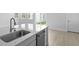 Modern kitchen island features a stainless steel sink and dishwasher, offering a view of the home's backyard at 212 Terrace View Dr, Summerville, SC 29486
