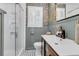 Stylish bathroom features updated vanity, designer wallpaper, and glass enclosed shower at 5028 Victoria Ave, North Charleston, SC 29405