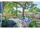 Inviting backyard with a stone patio, comfortable seating, and lush landscaping, perfect for outdoor living at 938 Sea Gull Dr, Mount Pleasant, SC 29464