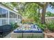 Serene backyard offers a stone patio with cushioned seating, ideal for relaxation and outdoor entertaining at 938 Sea Gull Dr, Mount Pleasant, SC 29464