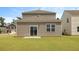 New backyard with a gray house featuring a sliding glass door, green grass and neighborhood view at 1035 Forrest Creek Dr, Summerville, SC 29483