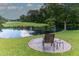 Landscaped backyard with lake views, seating area, and water fountains at 806 Westos Way, Mount Pleasant, SC 29464