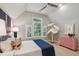 Bright bedroom with white and navy bedding, a palm tree statue, and a large window with shutters at 2911 Old Tavern Ct, Mount Pleasant, SC 29466