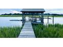 Private boat dock and lift on calm waters surrounded by verdant marsh grasses at 8272 Palmetto Rd, Edisto Island, SC 29438