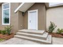 White front door with sidelights, leading to a raised entryway with steps and landscaping at 5344 Sea Watch Lane, North Charleston, SC 29406
