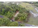 Aerial view shows a house nestled among trees near a road and marsh at 538 River Rd, Johns Island, SC 29455