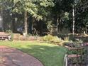 Landscaped backyard with deck, stonework, and mature trees at 109 Quaker Rd, Saint George, SC 29477