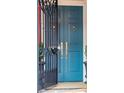 The front door is painted in a deep blue with metal security gate and brass hardware at 32 Tradd St, Charleston, SC 29401