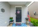 Inviting front door with wreath and American flag decor, complete with a welcome mat and potted plant at 172 Sweet Cherry Ln, Summerville, SC 29486